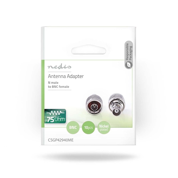 Satellite & Antenn Adapter | N Hane | BNC Hona | Nickelplaterad | 50 Ohm | Rak | Metall | Silver | 10 st. | Kuvert