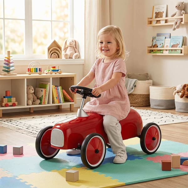 Punainen lasten auto teräsrungolla ja liukumattomilla pyörillä