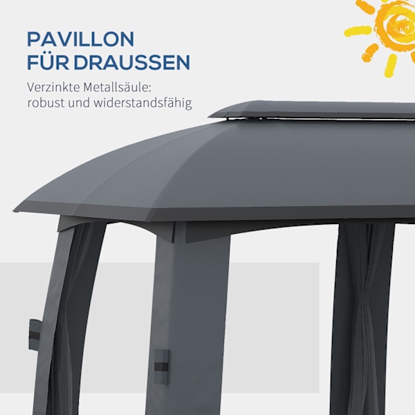 Havepavillon 3 x 6 m partytelt med dobbelt tag & sidevægge, fluenet til op til 15 personer, galvaniseret metal, mørkegrå