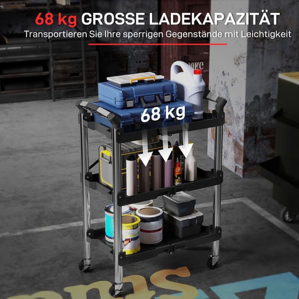 Værktøjsvogn, foldbar 3-trins værktøjsvogn, plast, stål, sort