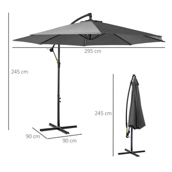 Aurinkoinen Aurinkovarjo Kampivarjo Teräsrungolla & Polyesterikankaalla, Harmaa, Ø2,95X2,45M