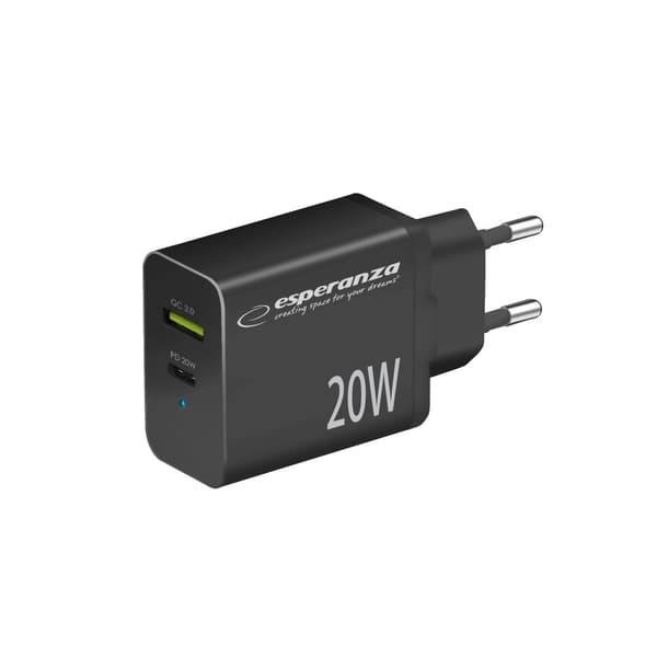 Esperanza Quick Power Charger 20W Usb-C Pd 20W / Usb-A Qc 3.0 18W Sort