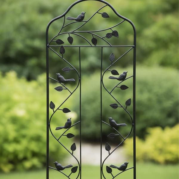 Haveespalier, sort stål med blad- og fuglemotiv
