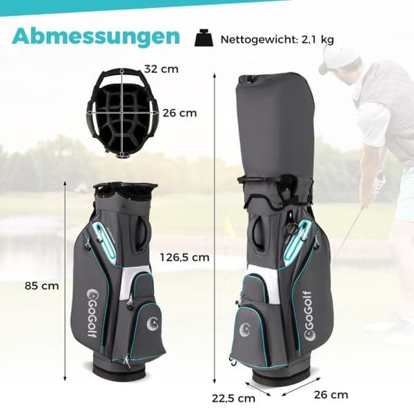 Golfvognstaske, 14-vejs skillevæg, vandafvisende, grå