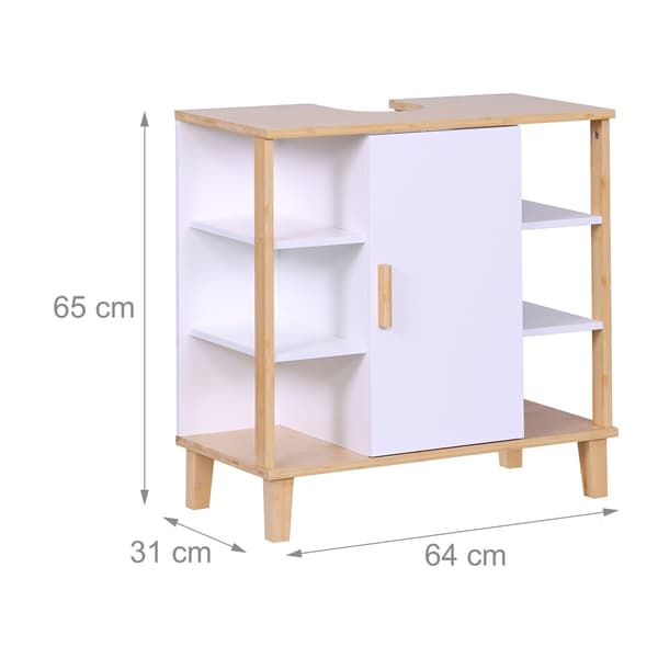Badrumsskåp, vit MDF och bambu, hyllor och dörr