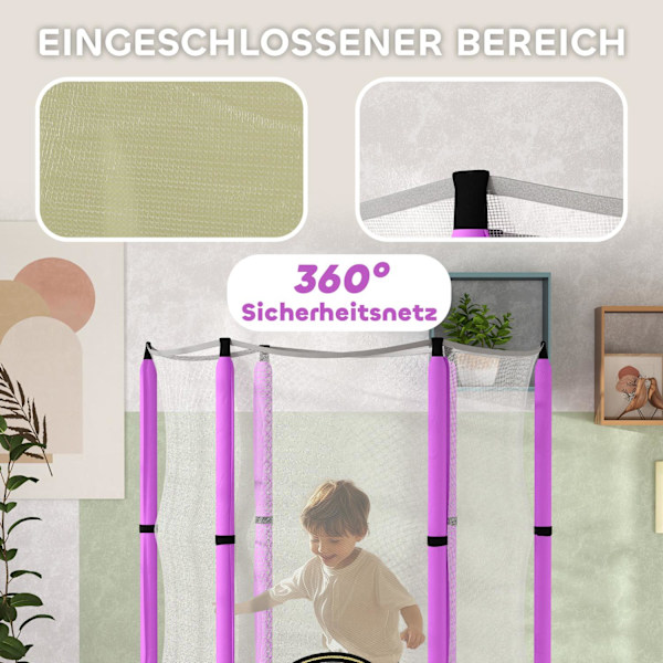 Børnetrampolin Ø140 cm, indendørs trampolin med sikkerhedsnet kantafdækning gummitov, børnetrampolin med dør med lynlås, skymønster, til børn 3-6 år l