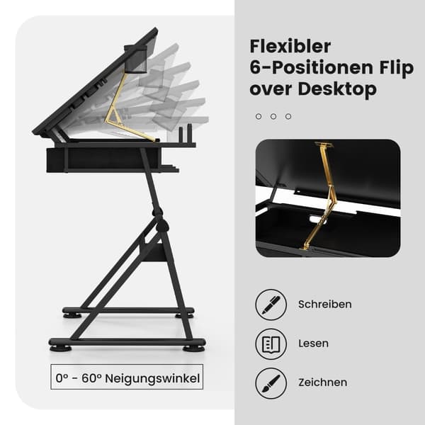 Justerbart tegnebord med skammel, vippebord, 2 skuffer