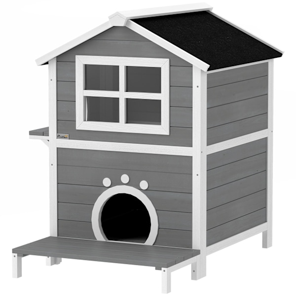 Kattehus i træ Kattehule med vindue Balkon Vejrbestandigt Kattehus med 2 niveauer aftagelig base til 1-2 katte Indendørs Udendørs 66 x 66 x 90 cm Grå