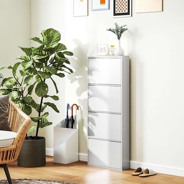 Skoskåp Metall med 4 klaffar Sko Tipper Slim för 8 par skor Skoställ Skoställ Skoställ Väggmonterad för Entré Hall 55 x 15 x 139,5 cm Vit |