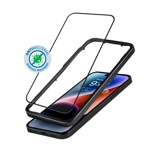 Crong Anti-Bacterial 3D Armor Glass - 9H karkaistu lasi iPhone 14 Pron + asennuskehyksen koko näytölle