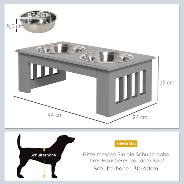 Koiran kulho 2 kulhoa, 0,9 L ruokakulho, korotettu kissan ruokakulho, helppohoitoinen, ruostumattoman teräksen harmaa, 44 x 24 x 15 cm