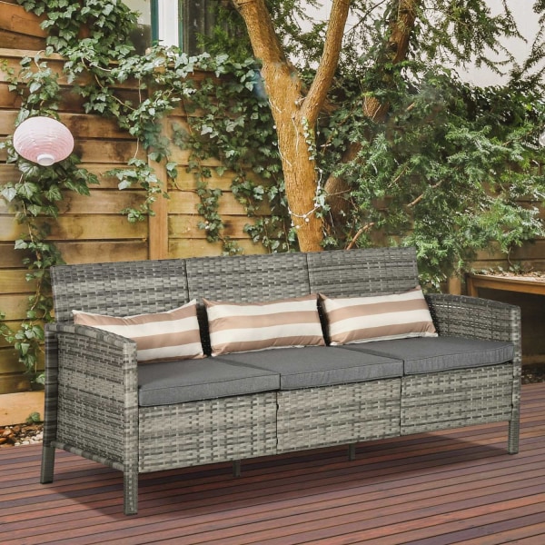 Rattan Have Lounge Sofa Tre-Personers Med Hynder, Stål, Grå, 173 X 68 X 78 Cm