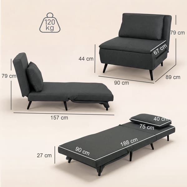 Sovesofa, 3-i-1 udfoldelig sengeseng i linnedlook, mørkegrå
