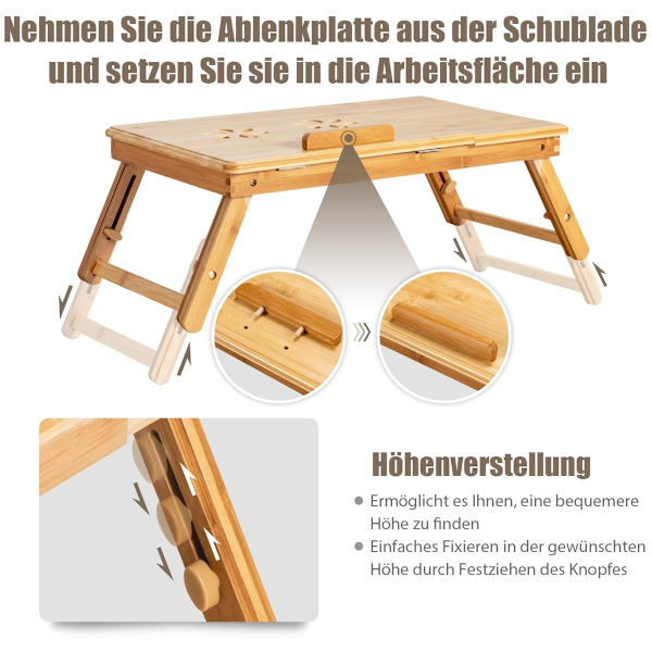 Justerbart bambus laptopbord med vippeplade, foldbart