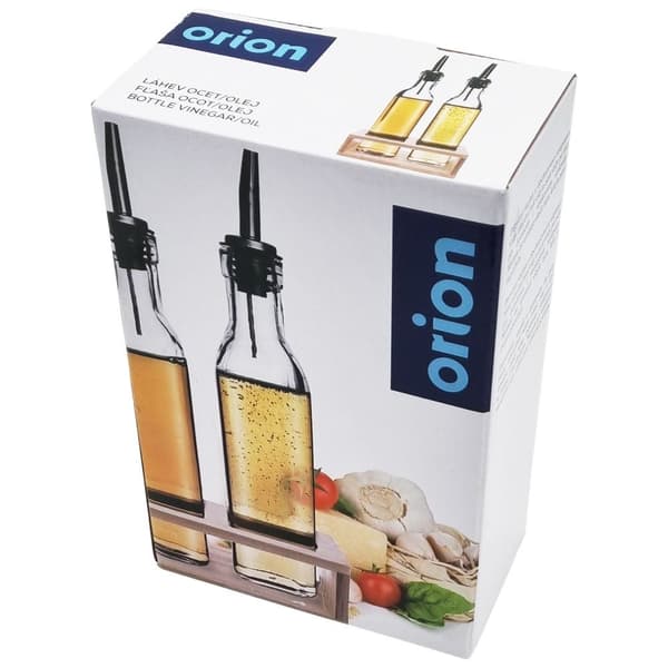 Set med två glasflaskor med dispenser i träställ