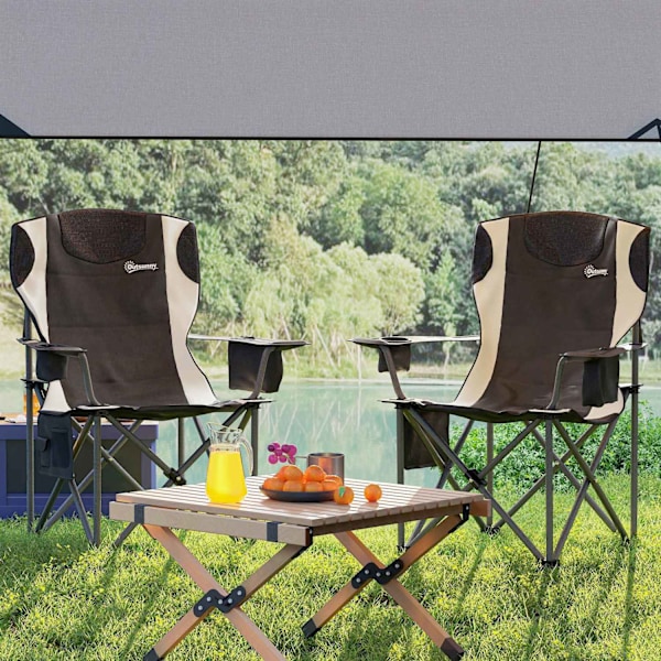 Set med 2 hopfällbara campingstolar med armstöd, dryckeshållare, nackstöd, kylväska, fällbar utomhusstol, lastkapacitet upp till 120 kg, vadderad fisk