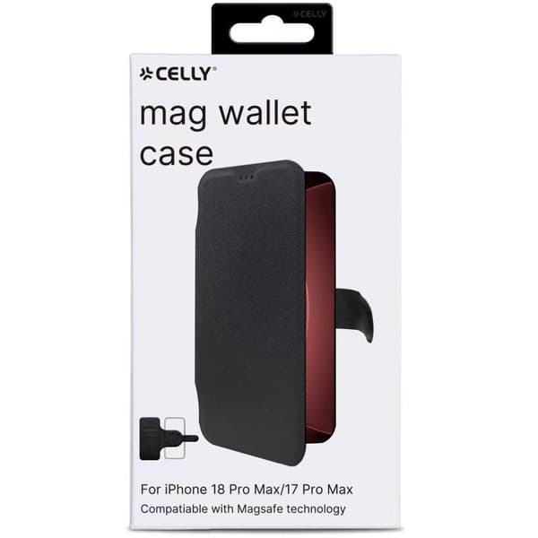 Celly Wally Mag Plånboksfodral iPhone 18 Pro Max och 17 Pro Max, MagSafe, Svart