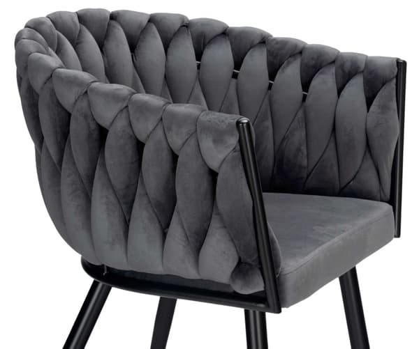 Matstol i sammet, flätad design, svarta metallben
