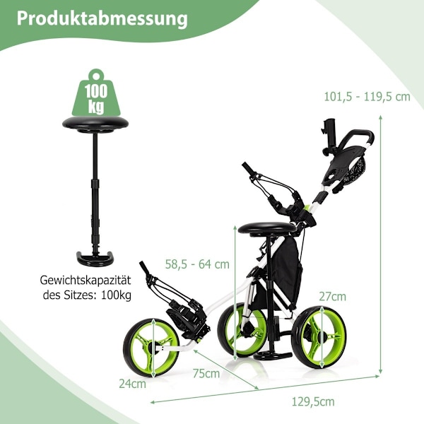 3 hjul golfvogn lavet af aluminium med paraplyholder og sæde folde golfvogn golf caddy green