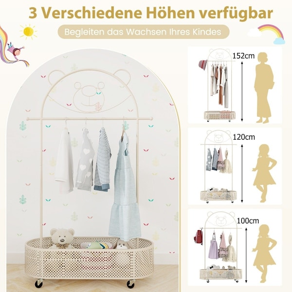 Børnetøjsstativ højdejusterbar fra 130cm/150cm/182cm frakkestativ på hjul hvid