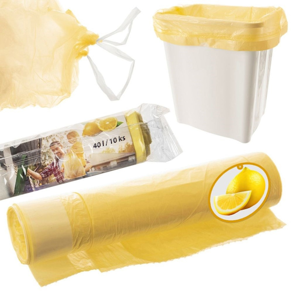 10 kpl keltaisia ​​roskapusseja 40L HDPE sitruunatuoksulla ja kiristysnyörillä