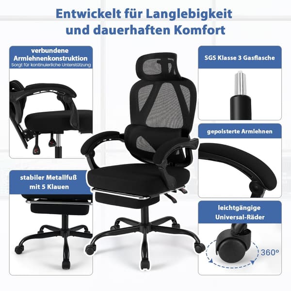 Ergonomisk kontorstol med fodstøtte og justerbart ryglæn