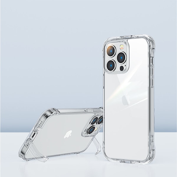 Suojakuori iPhone 14 Pro Maxille, panssaroitu kansi koukuilla, teline, läpinäkyvä