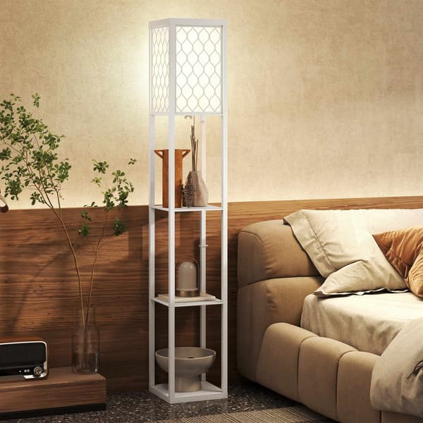 Golvlampa med hyllplan, 3 nivåer, MDF, vit