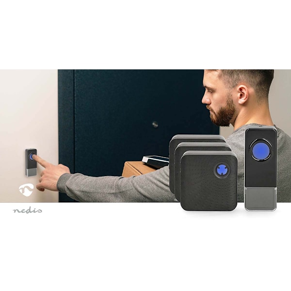 Trådlös dörrklocka | Nätdriven | 100 - 240 V AC 50/60 Hz | 1x 23A 12V | Volym: 110 dB | Signalräckvidd: 150 m | IP55 | Justerbar volym | 58 Melodier |