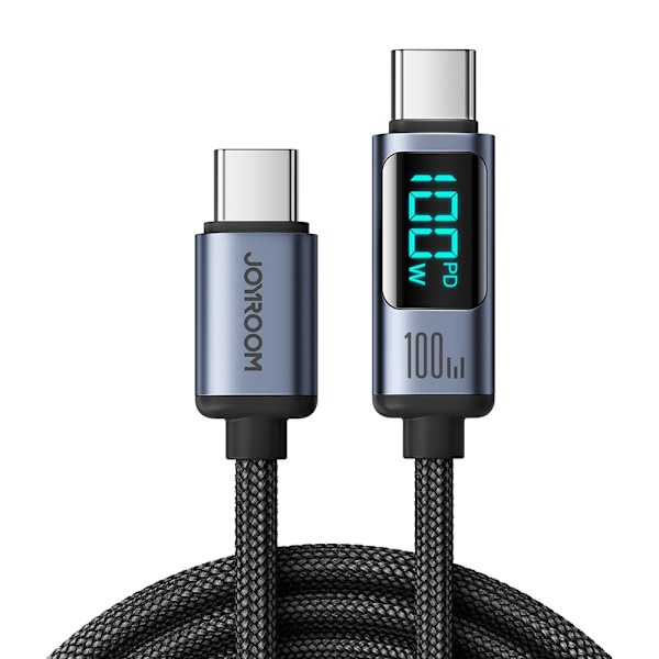USB-C kabel med LED display 100W 1,2m sort