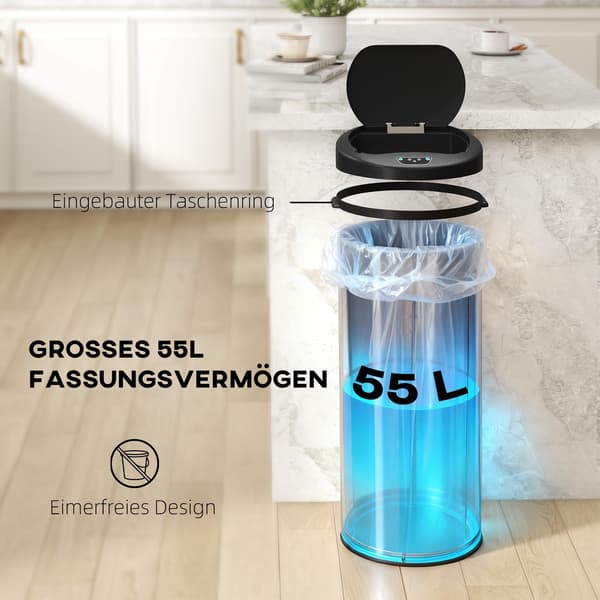 Beröringsfri sensoravfallskorg i rostfritt stål, 55 liters kapacitet