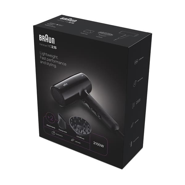 Hårtørrer 2100W, 3 varmeindstillinger, 2 hastigheder, diffuserdyse