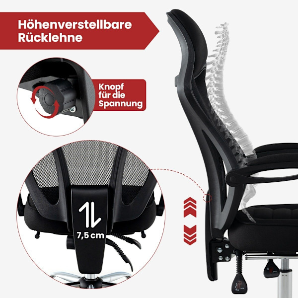 Ergonomisk kontorstol i mesh med fodstøtte og højdejusterbar lederstol med vippelig ryg