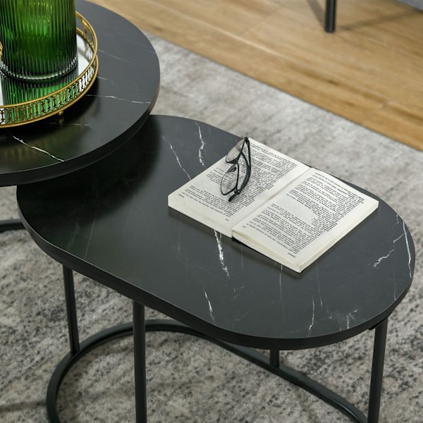 Set Med 2 Soffbord Runt Ovalt Beställningsbord Soffbord Stapelbart Med Konstmarmorsida Upp Till 30 Kg Mdf-Stål Svart Ø50 X 50,5H Cm