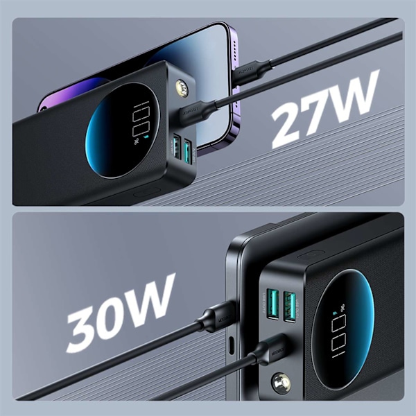 Powerbank taskulampulla 30W 20000mAh + USB-A - USB-C kaapeli 25cm musta