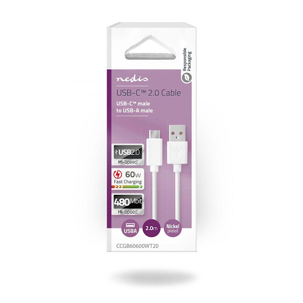 USB kaapeli | USB 2.0 | USB-A Uros | USB-C™ Uros | 60 W | 480 Mbps | Niklattu | 2.00 m | Pyöreä | PVC | Valkoinen | Laatikko