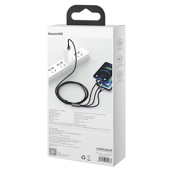 3i1 USB kabel USB-C Iphone Lightning microUSB 3,5 A 1,5 m sort