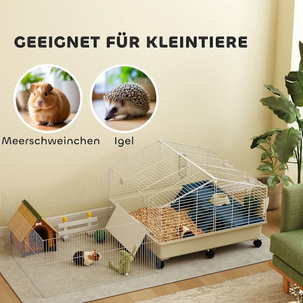 Smådjursbur med lekhage, kaninbur, smådjursbur med vattenflaska, hömatning, matskål, rampgnagarbur med hjul för marsvin och igelkottar vit