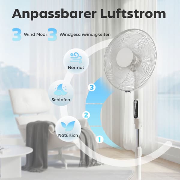Stativfläkt med timer, oscillerande, fjärrkontroll, vit
