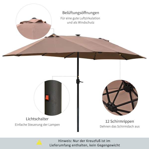Aurinkovarjo LED-kaksoisvarjolla 440 x 260 cm puutarhasateenvarjo patio sateenvarjo iso soikea käsikammalla ja metallirungolla khaki