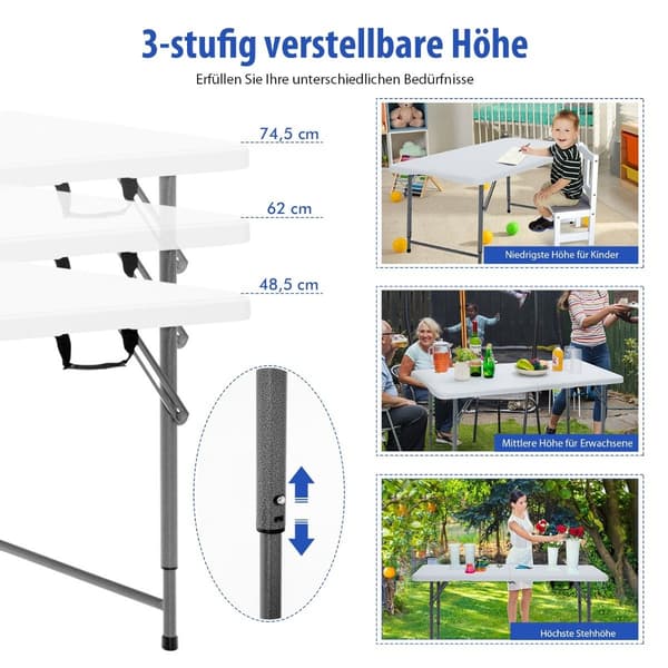 Fällbord dubbelt fällbart picknickbord med höjdjustering vit