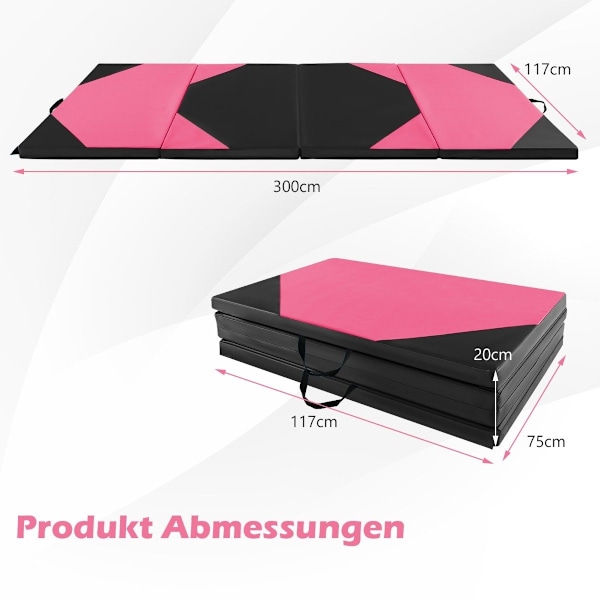 Taitettava harjoitusmatto, joka on valmistettu keinonahasta ja tarrakiinnitykset &amp; Kantokahvat 300 x 117 x 5 cm pinkki