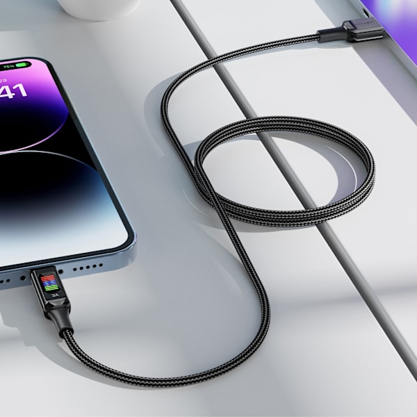 USB-A - USB-C kabel 60W med display 1,2m svart