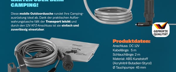 Bærbar 12V campingbruser med 5m kabel og pumpe
