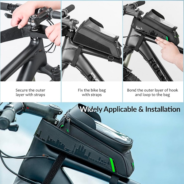 Cykelsteltaske med cover til telefon og navigation, sort