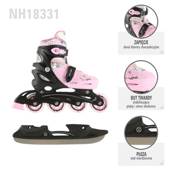 Inline/skøjter, 4-i-1, lyserød, størrelse S (31-34)