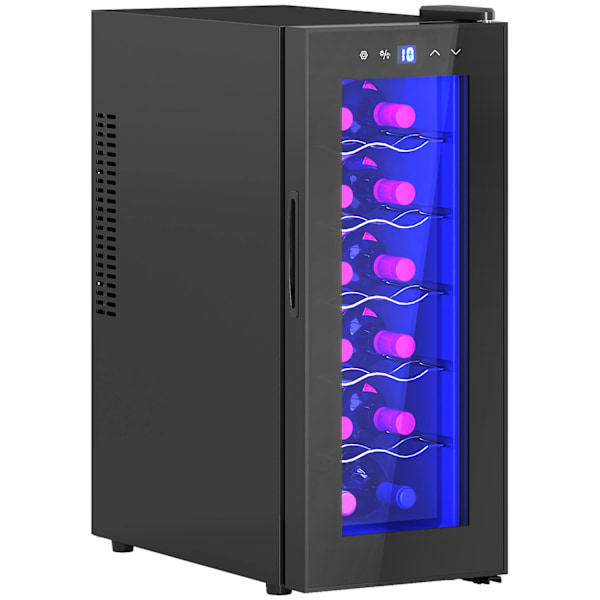 Vinkyl 12 flaskor 30L 8-18℃ Dubbel termoelektrisk flaskkyl med glasdörr, Dryckekyl med LED-ljus, Litet vinskåp med pekskärm Svart