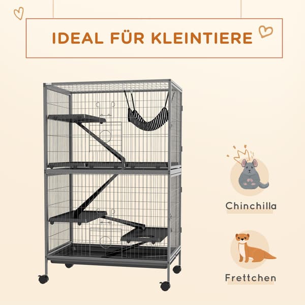 Bur til gnavere multifunktionel 4 platforme 3 ramper 4 døre dim. 80L x 52W x 128H cm Stål Grå Sølv Sort