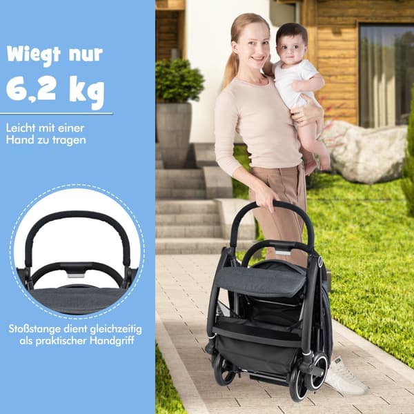 Enhånds klapvogn med justerbart ryglæn og kaleche, rejsevogn, grå