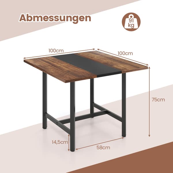 Firkantet konferencebord, metalstel, rustik brun, 100x100 cm